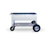 A silver metal raised garden bed on wheels, shown from the side against a white background. Produktbild-Vorschau