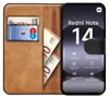 A book-style phone case with a phone, cards, and banknotes displayed inside. Produktbild-Vorschau
