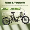 A marketing image of a khaki electric cargo bike with text overlays highlighting its features. Produktbild-Vorschau