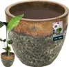 A large, decorative ceramic pot with a plant in front of it, and a smaller version of the pot in the bottom left corner. A product tag is attached to the large pot. Náhled obrázku produktu