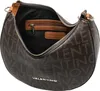 A brown Valentino Bags Beuteltasche Regina handbag with a repeating logo pattern is shown against a white background. The bag is open, revealing the interior. Produktbild-Vorschau
