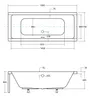 Technical drawing of a bathtub with dimensions and specifications. Produktbild-Vorschau