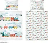 A collage of baby bedding with a train theme. Produktbild-Vorschau