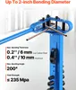 A blue pipe bender with copper pipes being bent, with text overlays detailing its specifications. Produktbild-Vorschau