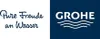 The image is split into two halves. The left half has text in a script font on a white background. The right half has the GROHE logo and a wavy line graphic on a dark blue background. Produktbild-Vorschau
