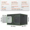 A diagram and specification table for a grow tent. Voir les images du produit
