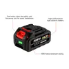 A black power tool battery with red and green accents, with descriptive text overlays. Produktbild-Vorschau