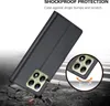 A black flip case for a smartphone is shown at an angle, with a close-up inset of the camera area. The background depicts a cracked ground texture and a blurred road. Produktbild-Vorschau