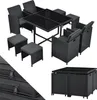 A black polyrattan garden furniture set with a glass-topped table, chairs, and stools, arranged on a white background. Produktbild-Vorschau
