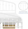 Close-up view of a white metal bed frame with a mattress and storage baskets underneath. A circular inset highlights a detail of the frame's design. Produktbild-Vorschau