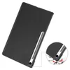 A black tablet case with a stylus holder is shown against a white background. A close-up inset shows the case protecting a tablet from impact. Produktbild-Vorschau