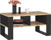 A coffee table with a wood-look top and black metal frame, decorated with a vase of flowers, a decorative object, and a stack of books. Produktbild-Vorschau