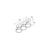 A technical drawing of a black ceiling light with three adjustable spotlights, showing dimensions. Podgląd zdjęcia produktu