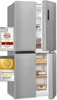 A silver refrigerator with its doors open, displaying food items inside. Several award badges are overlaid on the left side of the image. Produktbild-Vorschau
