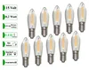A collection of LED filament light bulbs arranged on a white background, with descriptive text labels on the left side. Produktbild-Vorschau