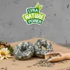 Two donut-shaped bird feeders with seeds and a wooden scoop on burlap fabric, with a logo in the background. Produktbild-Vorschau