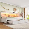 A child's bedroom with a white daybed and trundle, featuring built-in shelving and LED lighting. Voir les images du produit