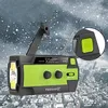 A survival radio with a flashlight and crank handle is shown against a snowy cityscape background. Produktbild-Vorschau