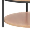 A close-up view of a round coffee table with two shelves and black metal legs. Produktbild-Vorschau