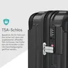 Close-up of a black suitcase with a focus on the TSA lock and text explaining its features. Produktbild-Vorschau