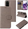 A collage of images showing a gray floral patterned flip phone case for a Samsung Galaxy S20. Produktbild-Vorschau