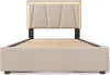 A beige upholstered bed frame with a slatted wooden base and a padded headboard with integrated LED lighting. Podgląd zdjęcia produktu