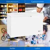 A collage of images showing a white chest freezer in different settings: a pantry, a commercial kitchen, a garage, and a laboratory. Produktbild-Vorschau