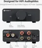 Top and back views of a black Fosi Audio V3 amplifier with labels pointing to various ports and controls. Podgląd zdjęcia produktu