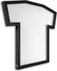 A black t-shirt shaped mirror is shown against a white background. Náhled obrázku produktu