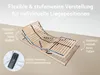 A wooden bed frame with adjustable head and foot sections, shown with a remote control. Produktbild-Vorschau