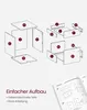 An exploded view diagram of furniture components with labels, alongside text describing the assembly process and a partial view of an instruction manual. Produktbild-Vorschau