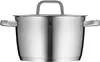 A stainless steel pot with a lid and handles, shown against a white background. Produktbild-Vorschau