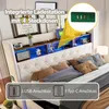 A bed with a headboard featuring integrated storage and lighting, with a close-up inset showing a charging station. Náhled obrázku produktu