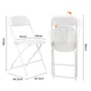 Two white folding chairs are shown with dimensions indicated by text and lines. Anteprima dell’immagine prodotto