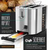 A close-up marketing image of a silver toaster with a bread roll attachment, highlighting its features and safety certifications. Voir les images du produit