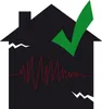 A graphic illustration representing a house with cracks and a sound wave, overlaid with a green checkmark. Produktbild-Vorschau