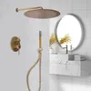 A modern bathroom shower system with a gold finish, including a rainfall showerhead, handheld shower, and control panel, set against a tiled wall and a marble vanity with a round mirror. Náhled obrázku produktu