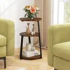 A round, 3-tiered accent table with a rustic wood finish and black metal frame, placed between two green upholstered chairs in a living room setting. Decorative items like flowers, cat figurines, and books are displayed on the table. Podgląd zdjęcia produktu