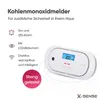 A white carbon monoxide detector with a blue digital display showing '300' is shown on a white background. Text and icons describing its features are on the left. Produktbild-Vorschau