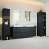 A modern bathroom vanity with two sinks, tall storage cabinets, and mirrors. Produktbild-Vorschau