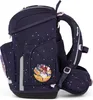 A side view of a dark blue backpack with white polka dots and a cartoon character patch. Podgląd zdjęcia produktu