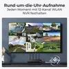A TV screen displaying multiple camera feeds, with a network recorder in the foreground. Produktbild-Vorschau