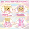 Collage showing a teddy bear in a unicorn costume, highlighting its plush quality and hood styling. Produktbild-Vorschau