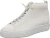 A white high-top sneaker with gold accents. Voir les images du produit