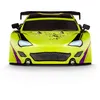 A front view of a lime green remote-controlled car with black and purple racing stripes. Voir les images du produit