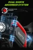 Close-up marketing image of an electric bicycle's front fork and battery area, highlighting the dual shock absorber system. Produktbild-Vorschau