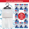 A collage of air dehumidifier pouches hanging on a hanger, with water splash effects. Produktbild-Vorschau