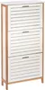 A white and brown shoe cabinet with three slatted doors. Produktbild-Vorschau
