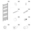 An assembly diagram showing a towel radiator and various hardware components. Produktbild-Vorschau
