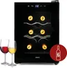 A wine cooler with two wine glasses in front of it, and a red circular overlay with a wine bottle icon and the number 6. Produktbild-Vorschau